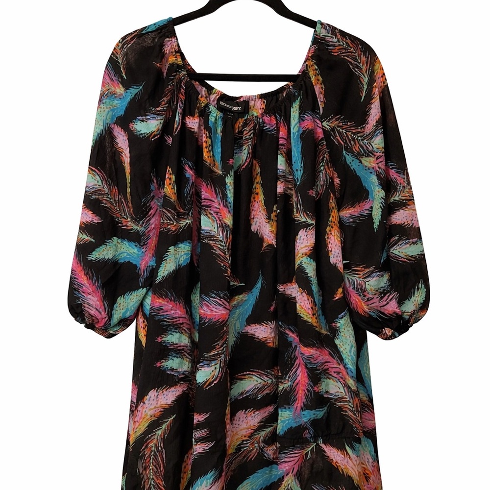 Lane Bryant Black Tunic with Multicolor Feather Print